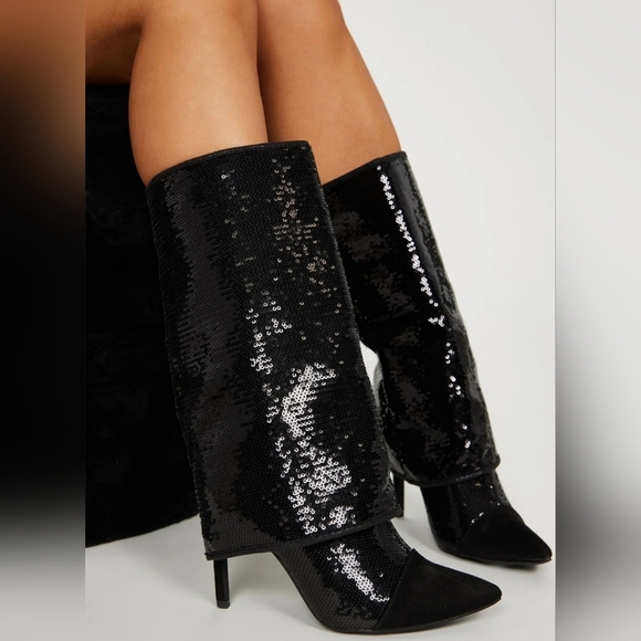 Size 11 Black Sequin Pointed Toe Slouch Boots - Picture 1 of 11